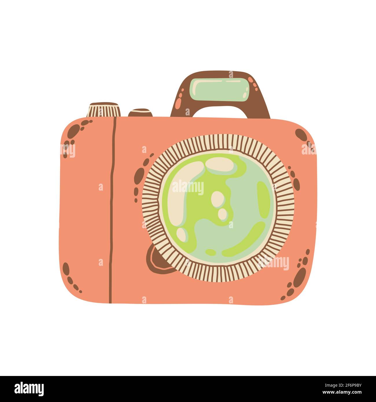 Carino icona fotocamera in cartoon piano design. Clip art per fotocamera DSLR in stile doodle. Illustrazione vettoriale isolata su sfondo bianco. Illustrazione Vettoriale