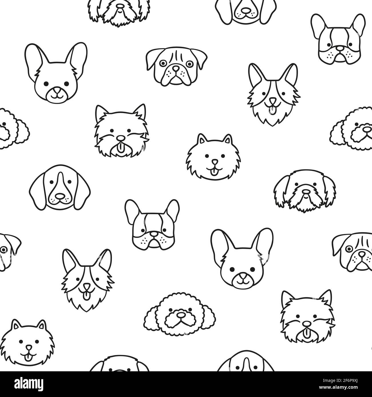 Modello senza giunture con teste di cani di razze diverse. Corgi, Pug, Chihuahua, Terrier, Poodle e shih tzu. Illustrazione Vettoriale