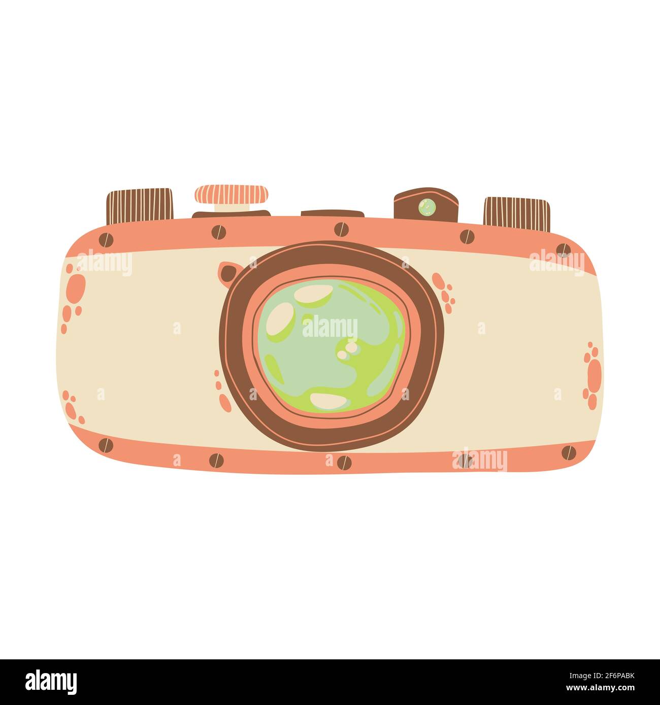 Carino fotocamera retro icona in cartoon flat design. Fotocamera di vecchio stile con clip art con impugnatura a batteria in stile doodle. Illustrazione vettoriale isolata su whit Illustrazione Vettoriale