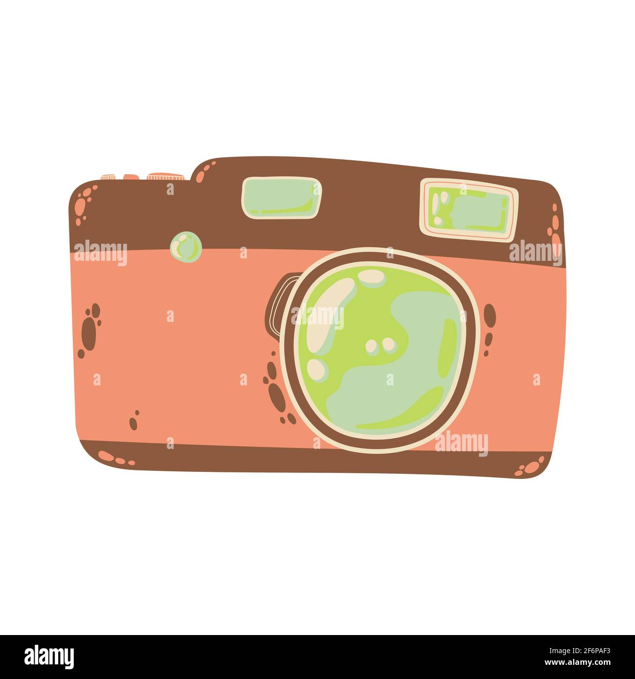 Carino icona compatta della fotocamera in cartoon flat design. Fotocamera digitale con clip art con impugnatura a batteria in stile doodle. Illustrazione vettoriale isolata su whit Illustrazione Vettoriale