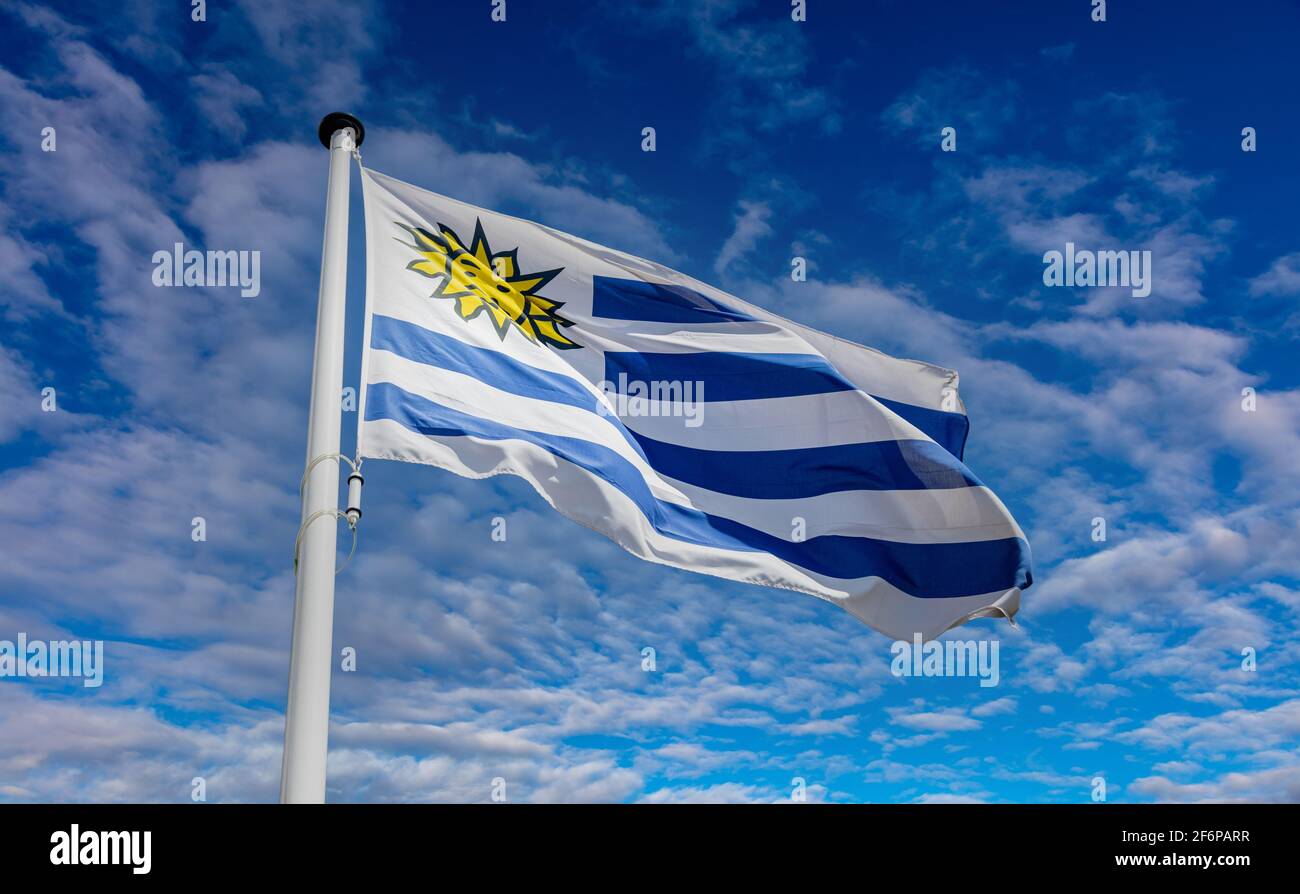 Bandiera dell'Uruguay, simbolo nazionale della Repubblica Orientale dell'Uruguay su un flagpole che oscilla contro il cielo blu nuvoloso Foto Stock