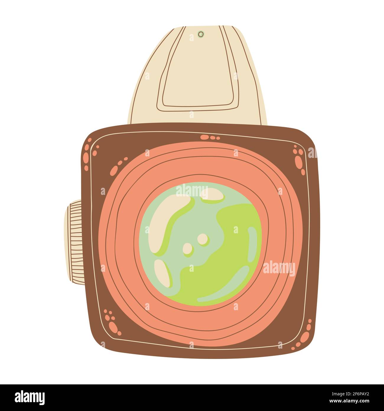 Carino fotocamera retro icona in cartoon flat design. Fotocamera di vecchio stile con clip art con impugnatura a batteria in stile doodle. Illustrazione vettoriale isolata su whit Illustrazione Vettoriale