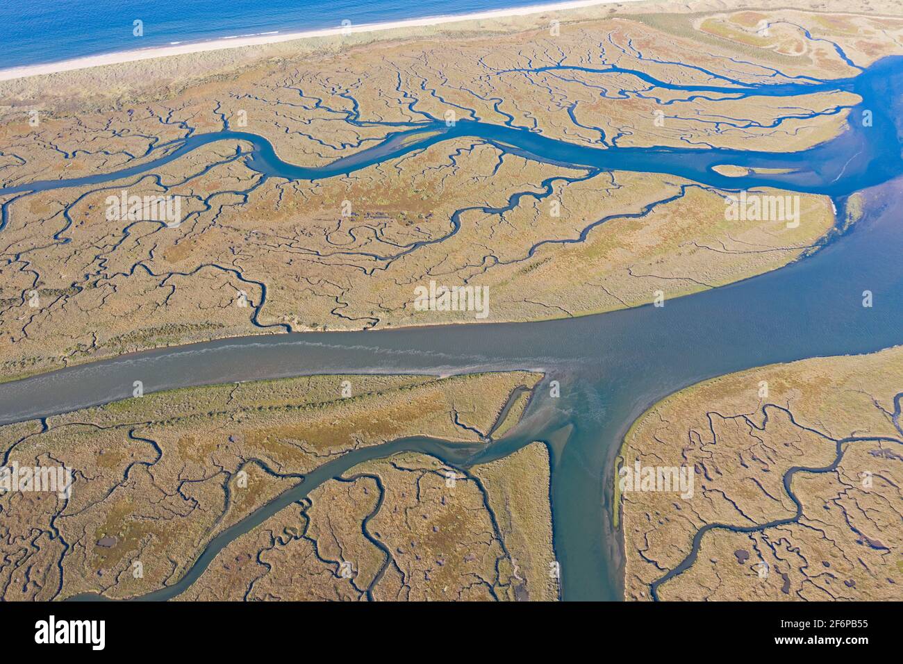 Vista aerea delle insenature delle maree e delle saline sull'isola di Scolt Head, Norfolk settentrionale Foto Stock