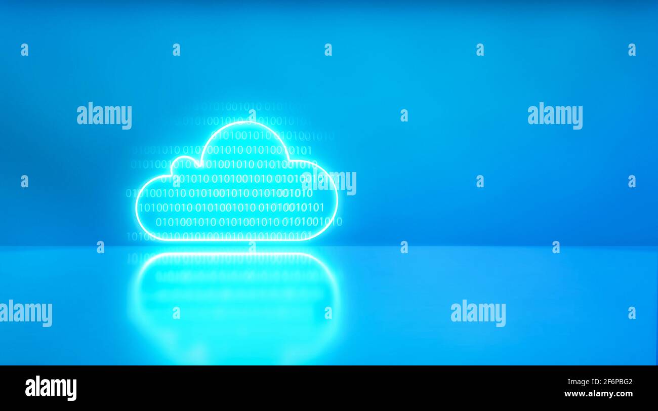 Nuvola icona luce al neon sfondo studio blu. Concept di big data e codice. rendering 3d - illustrazione. Foto Stock