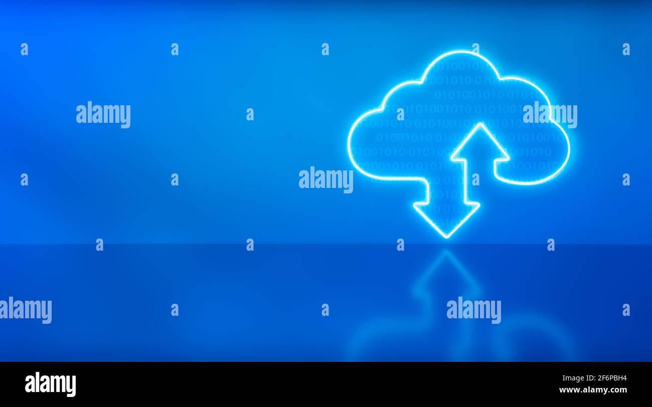 Armor Cloud Storage Sign con due frecce su e giù in blu con sfondo riflettente. Tecnologia cloud: Una nuova generazione di reti. Supporti misti. Foto Stock