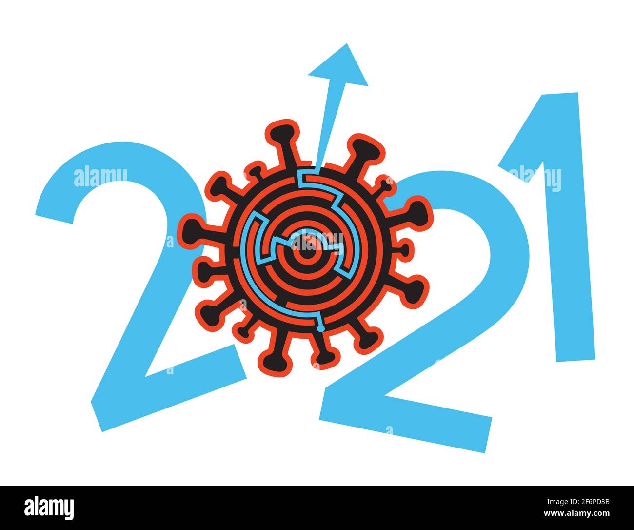 Anno 2021, soluzione di pandemia di coronavirus. Labirinto simbolo coronavirus, soluzione fuori concetto.isolato su sfondo bianco. Illustrazione Vettoriale