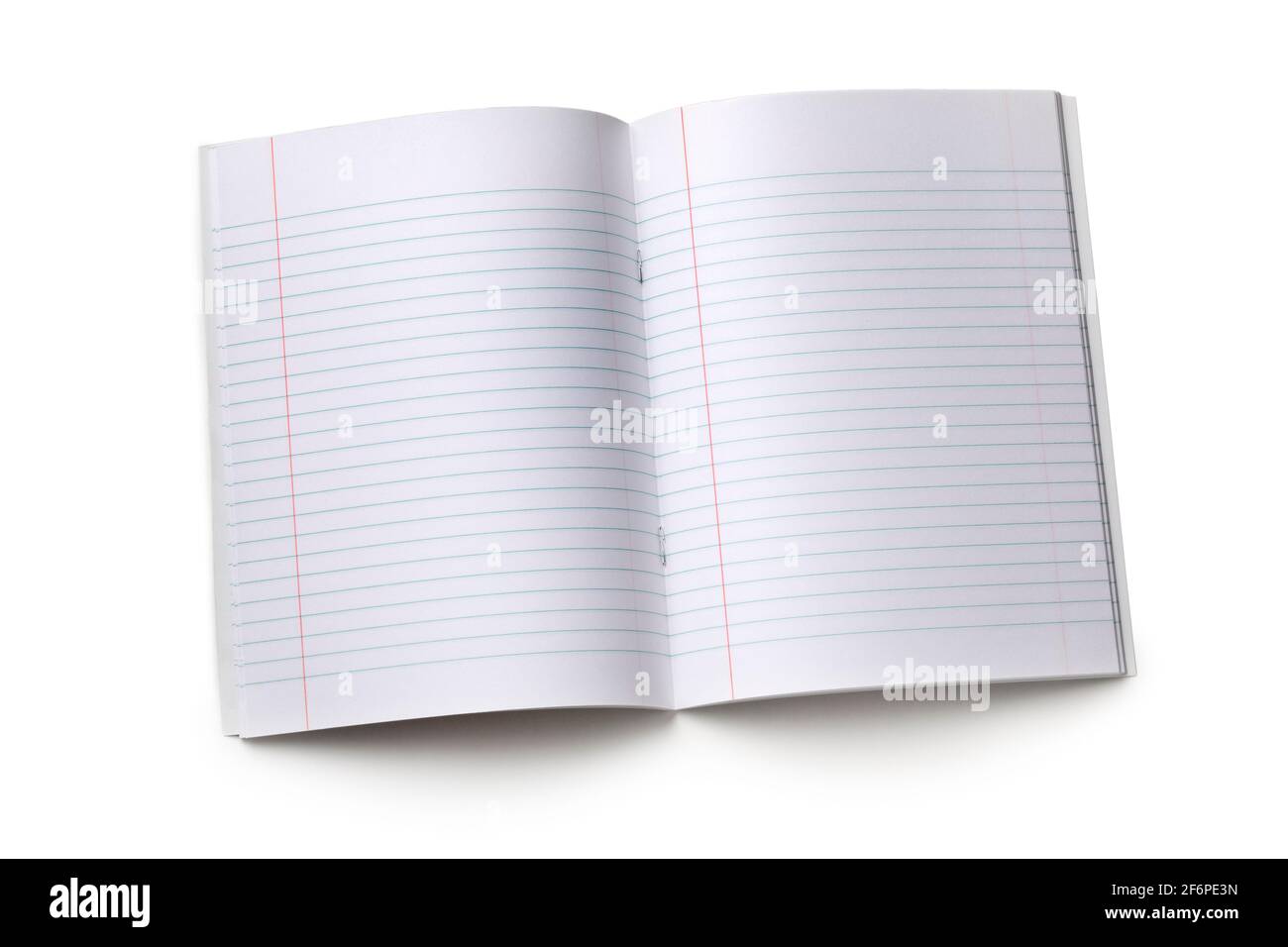 Aprire un notebook vuoto con linee isolate su sfondo bianco Foto Stock