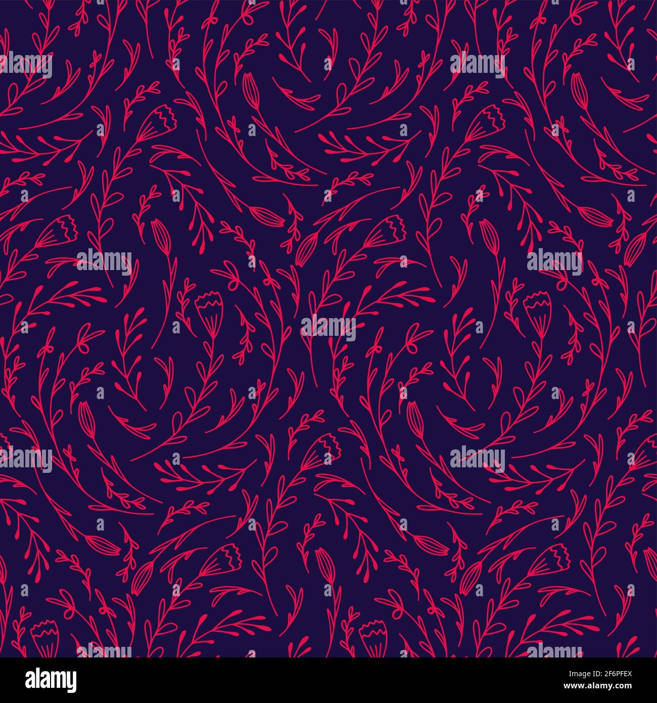 Motivo senza cuciture con ricci di fiori e rami di doodle. Texture naturale con petali rosa e foglie su sfondo viola. Sfondo vettoriale con scri Illustrazione Vettoriale