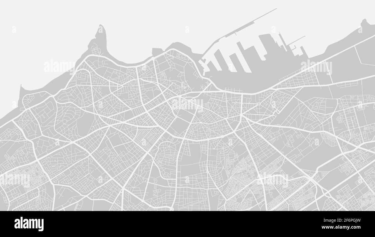 Mappa di sfondo vettoriale grigio chiaro, strade della città di Casablanca e illustrazione cartografica dell'acqua. Formato widescreen, formato digitale piatto Illustrazione Vettoriale