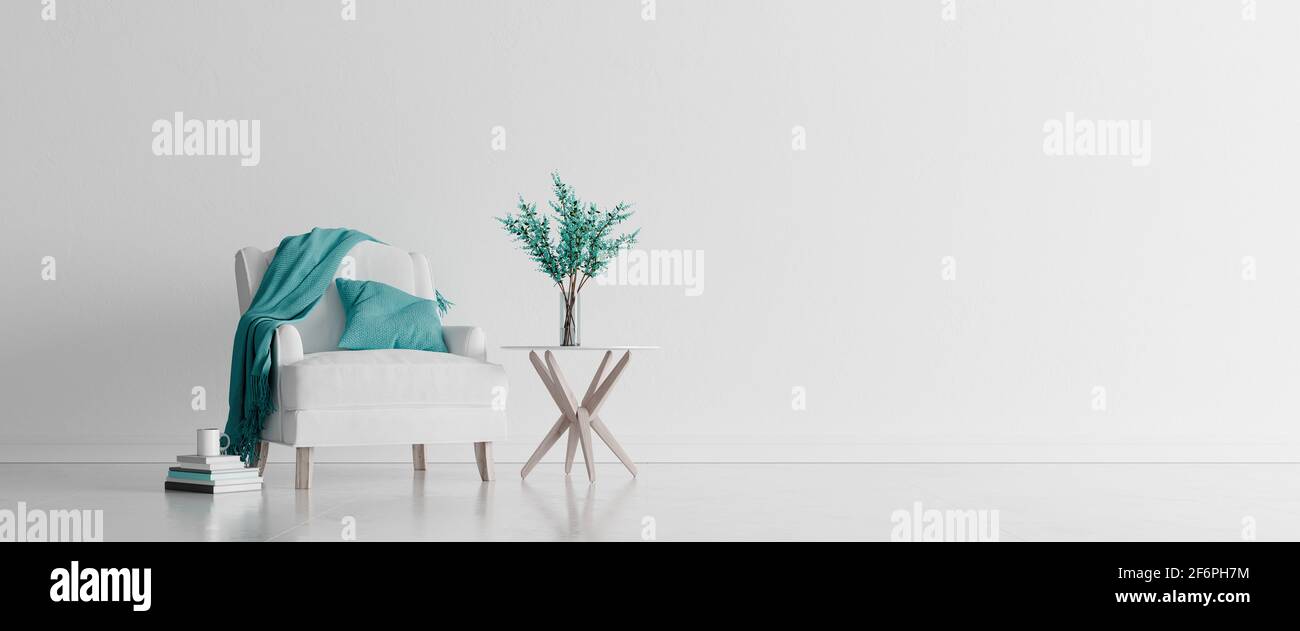 Design interno del soggiorno con poltrona bianca ed elementi blu rappresentazione 3d illustrazione 3d Foto Stock