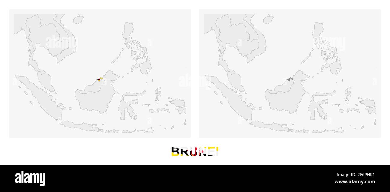 Due versioni della mappa del Brunei, con la bandiera del Brunei e evidenziata in grigio scuro. Mappa vettoriale. Illustrazione Vettoriale