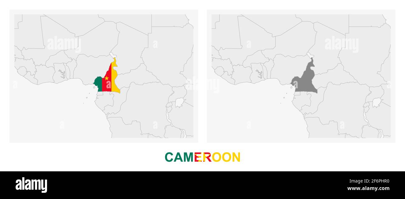 Due versioni della mappa del Camerun, con la bandiera del Camerun ed evidenziata in grigio scuro. Mappa vettoriale. Illustrazione Vettoriale