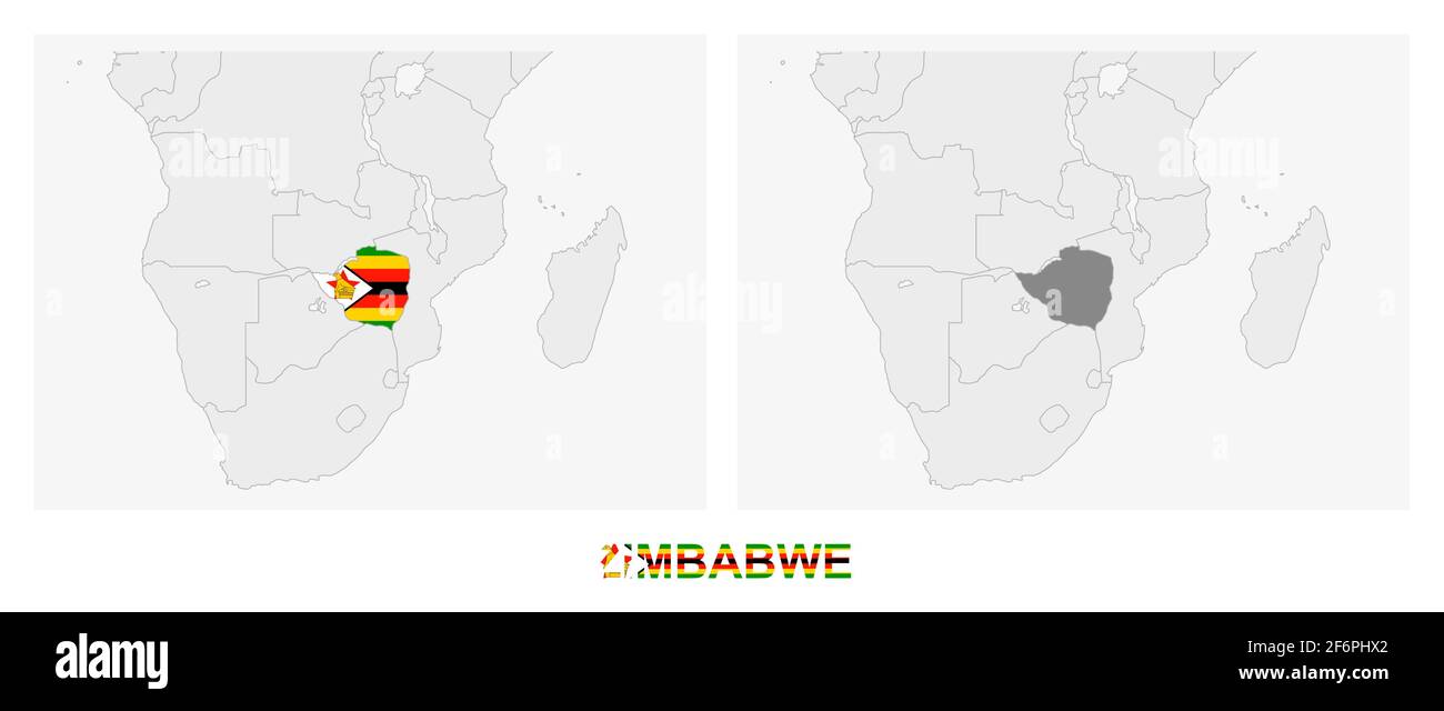 Due versioni della mappa dello Zimbabwe, con la bandiera dello Zimbabwe ed evidenziata in grigio scuro. Mappa vettoriale. Illustrazione Vettoriale
