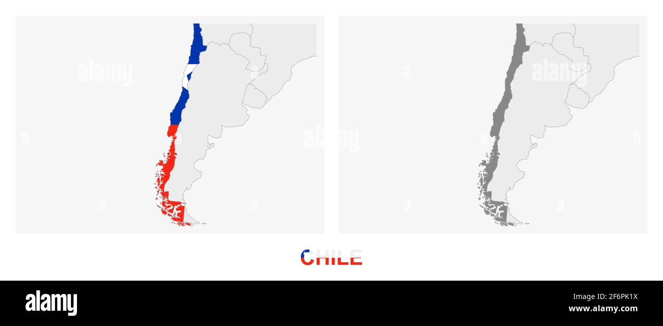 Due versioni della mappa del Cile, con la bandiera del Cile e evidenziato in grigio scuro. Mappa vettoriale. Illustrazione Vettoriale