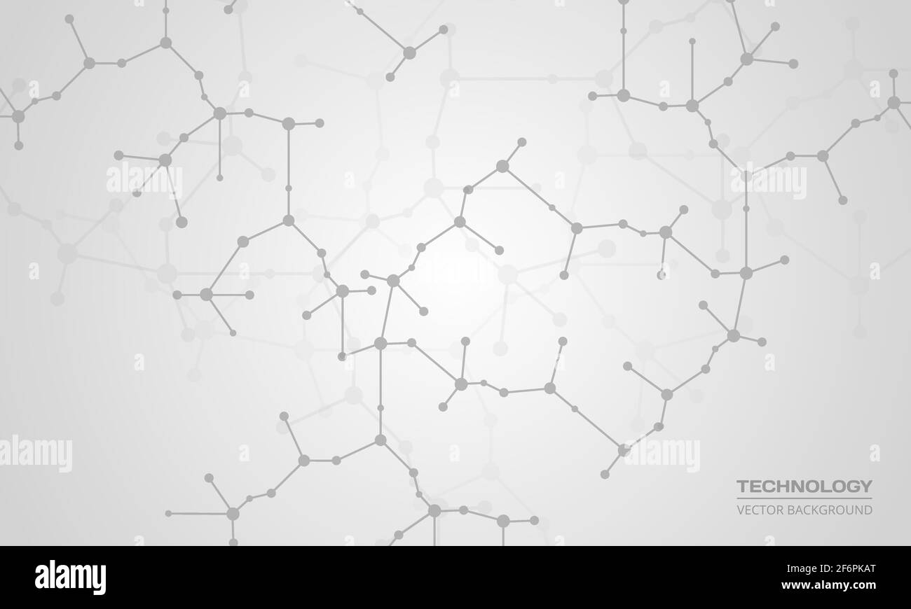 Molecole astratte su sfondo tecnologico grigio chiaro. Progettazione medica, concetto scientifico e tecnologico. Strutture molecolari o filamento di dna. Illustrazione Vettoriale