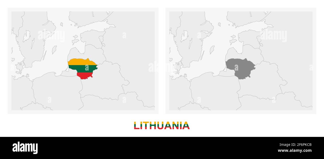 Due versioni della mappa lituana, con la bandiera lituana e evidenziata in grigio scuro. Mappa vettoriale. Illustrazione Vettoriale