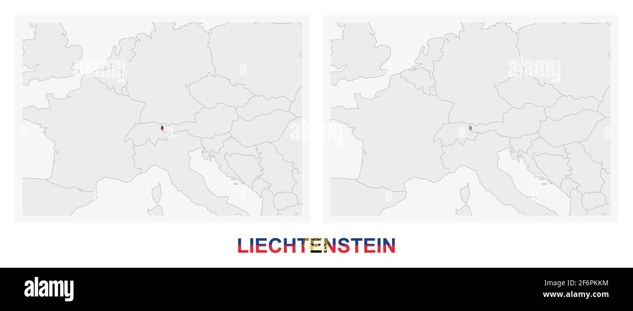 Due versioni della mappa del Liechtenstein, con la bandiera del Liechtenstein ed evidenziata in grigio scuro. Mappa vettoriale. Illustrazione Vettoriale