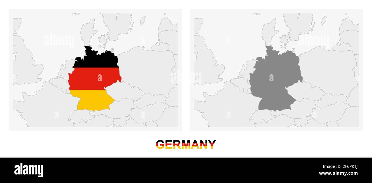 Due versioni della mappa della Germania, con la bandiera della Germania e evidenziata in grigio scuro. Mappa vettoriale Illustrazione Vettoriale