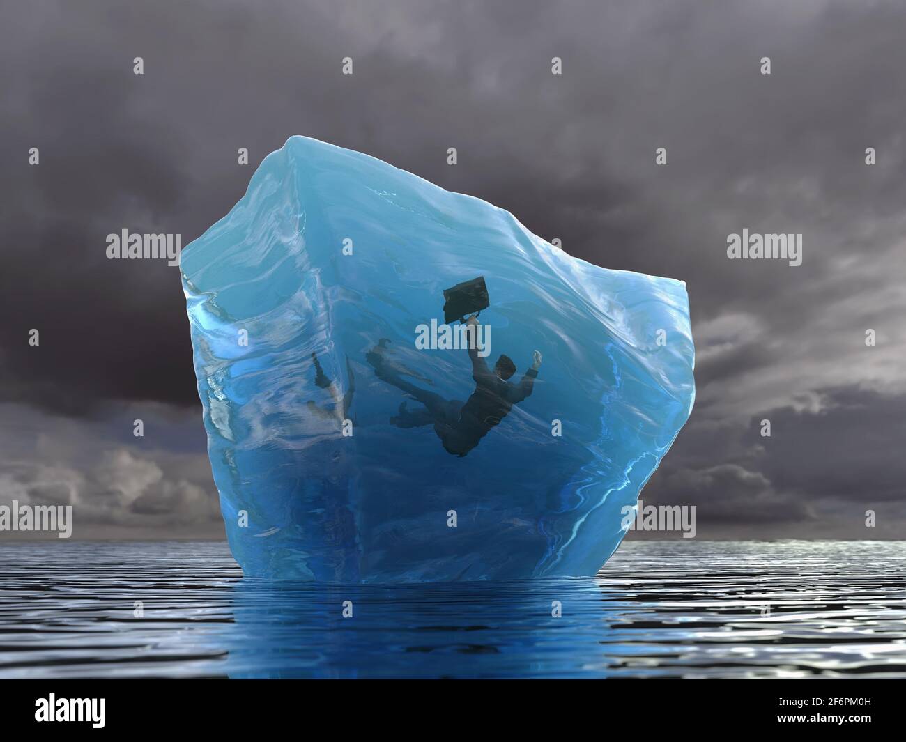 uomo d'affari congelato in un pezzo di iceberg Foto Stock