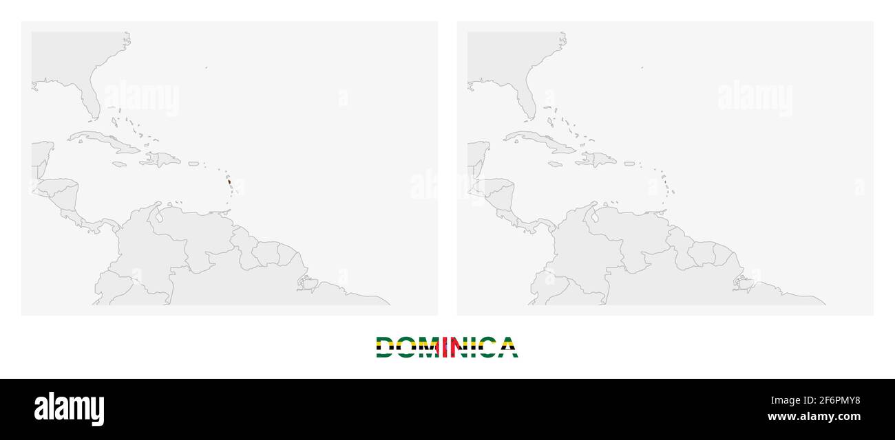 Due versioni della mappa di Dominica, con la bandiera di Dominica ed evidenziata in grigio scuro. Mappa vettoriale. Illustrazione Vettoriale