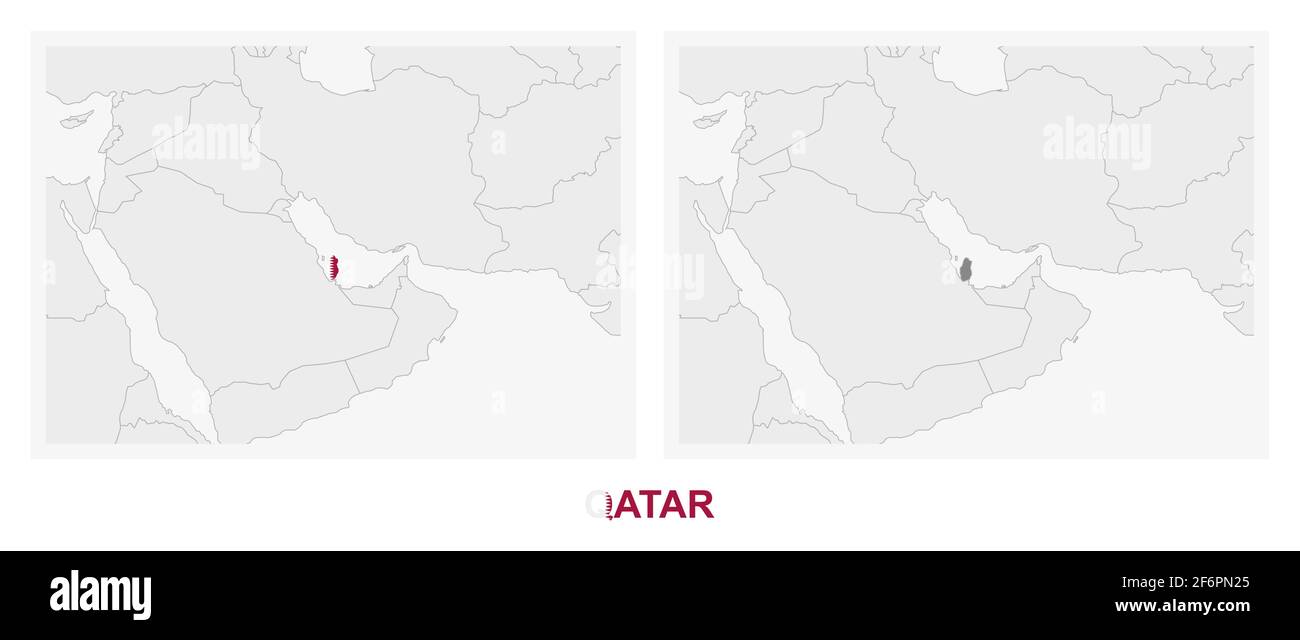 Due versioni della mappa del Qatar, con la bandiera del Qatar ed evidenziata in grigio scuro. Mappa vettoriale. Illustrazione Vettoriale