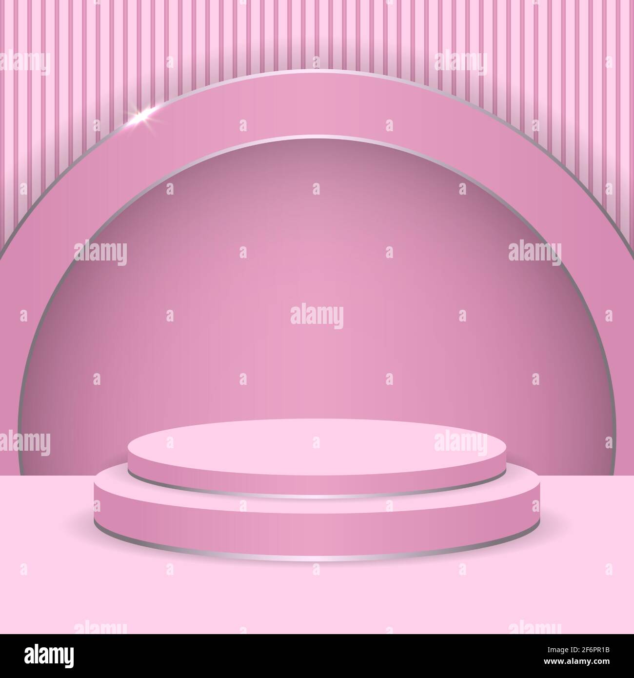 Scena astratta con display rotondo per il prodotto. podio 3d su sfondo rosa con cerchi rosa e argento. Piedistallo o piattaforma di lusso per palcoscenico astratto. Illustrazione Vettoriale