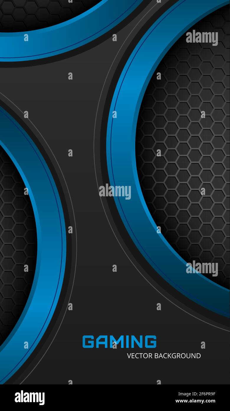 Futuristico sfondo vettoriale verticale grigio astratto e blu con griglia a nido d'ape in fibra di carbonio esagonale e cerchi blu. Banner verticale per giochi sportivi. Illustrazione Vettoriale