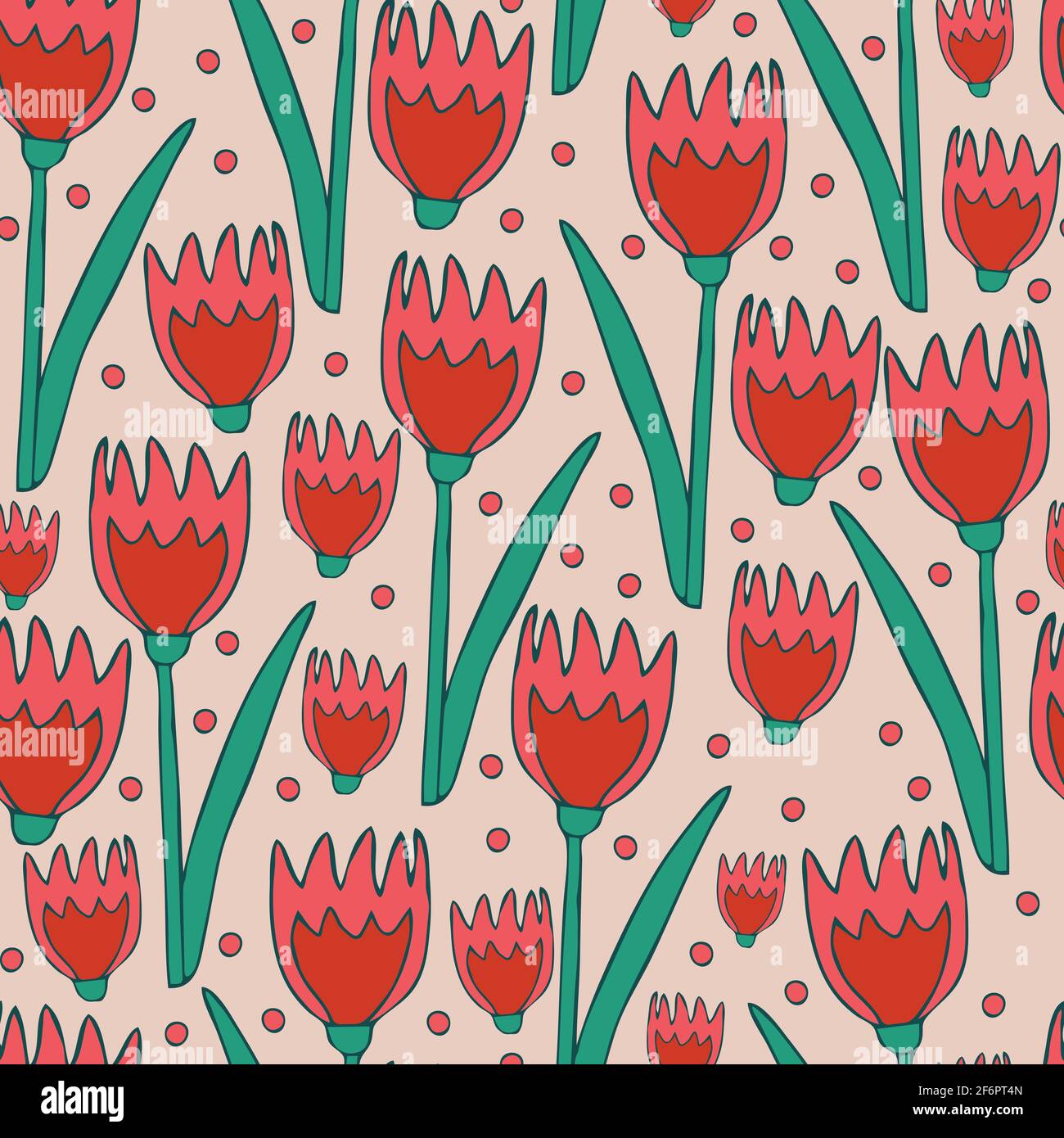 Motivo vettoriale senza cuciture con tulipani rossi su sfondo rosa. Romantico disegno floreale della carta da parati. Decorativo fiore moda tessile. Illustrazione Vettoriale
