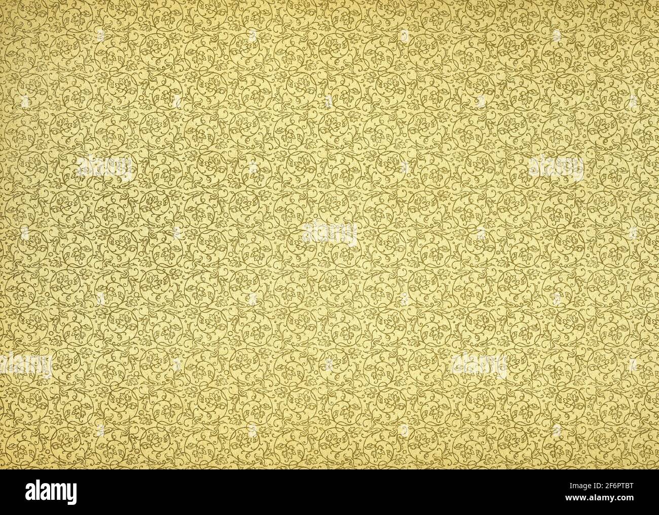 Usato carta da parati floreale antica in beige e oro con foglie di vite e increspature, superficie di carta granulosa Foto Stock