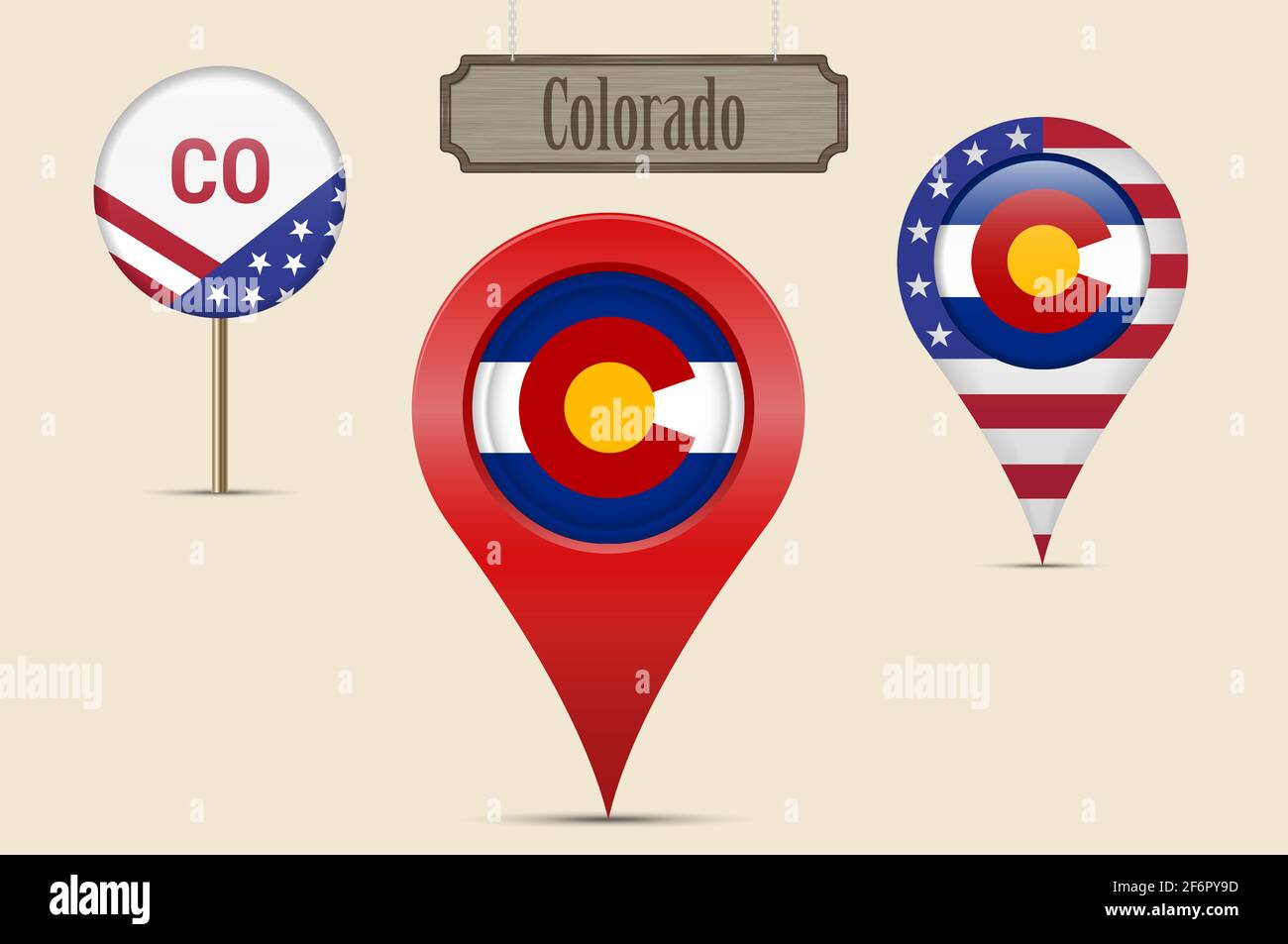 Stato del Colorado, bandiera rotonda. Puntino mappa, marcatore mappa rosso, puntatore posizione. Segno di legno appeso in stile vintage. Illustrazione. Stelle e strisce americane Foto Stock