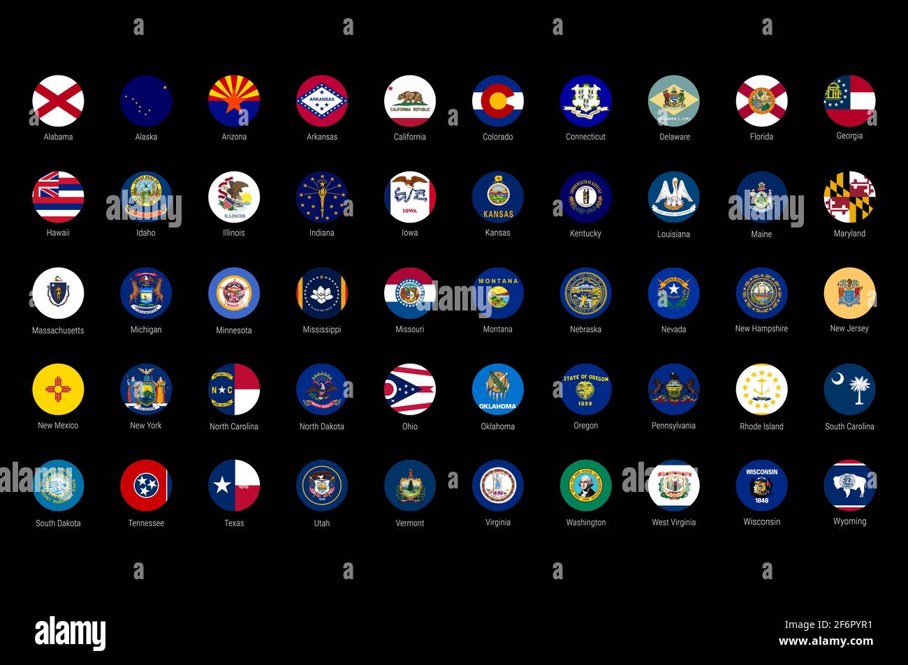 USA American dichiara tutte le bandiere in ordine alfabetico. Tutti i 50 stati degli Stati Uniti sono impostati. Pulsanti con flag a cerchio rotondo con tutti i nomi degli stati. Foto Stock