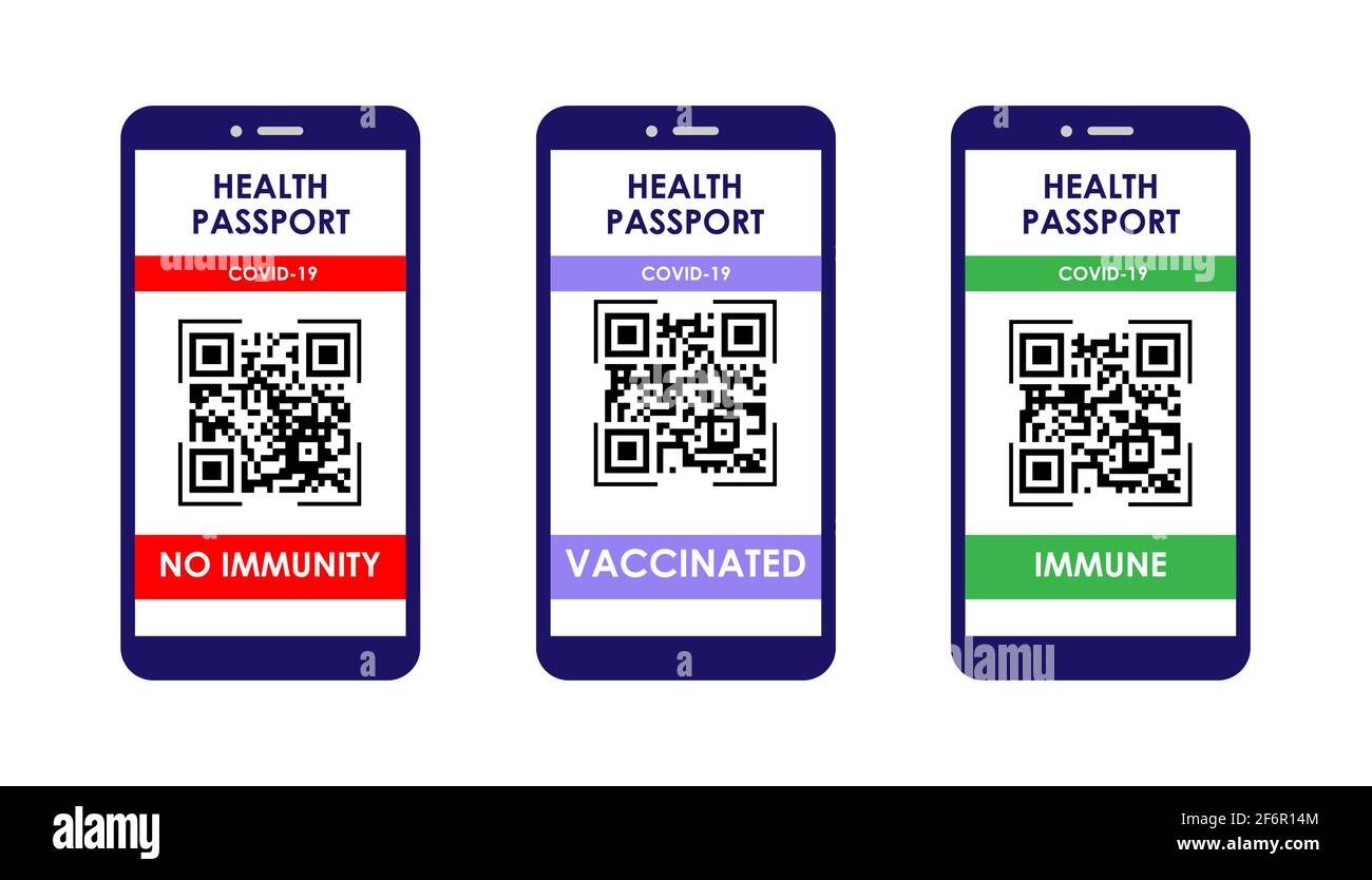 Raccolta di smartphone con passaporto vaccino coronavirus con codice QR sullo schermo. Illustrazione vettoriale su sfondo isolato. EPS 10. Illustrazione Vettoriale