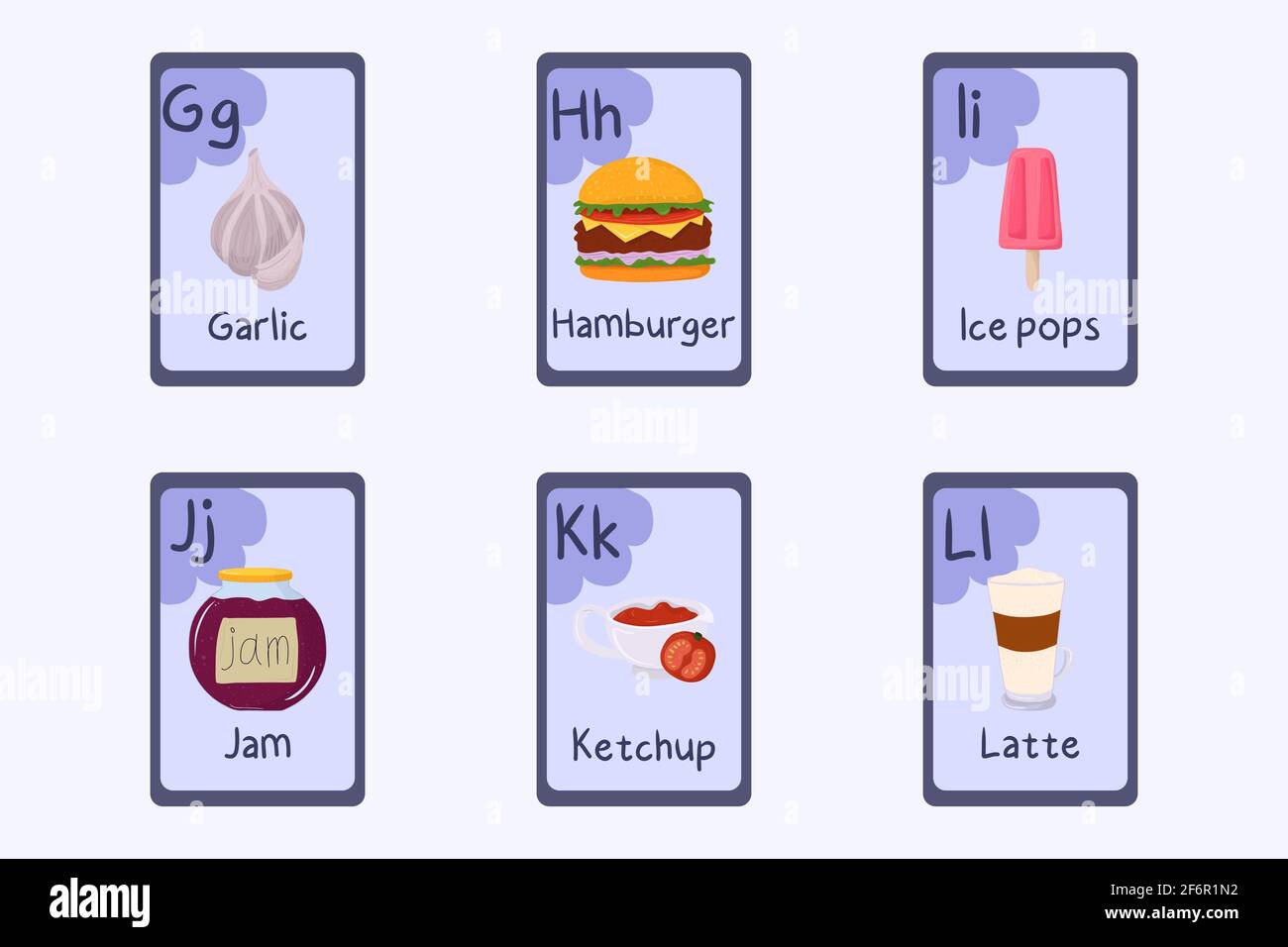 Caratteri alfabetici colorati per flashcard G, H, i, J, K, L - aglio, hamburger, ghiaccio, marmellata, ketchup, latte Illustrazione Vettoriale