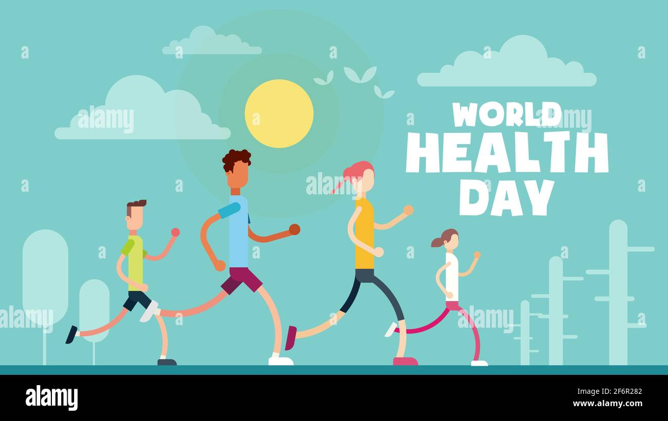 Poster della Giornata Mondiale della Sanità, 7 aprile, persone che corrono nel parco, mattina a piedi illustrazione banner vettoriale Illustrazione Vettoriale