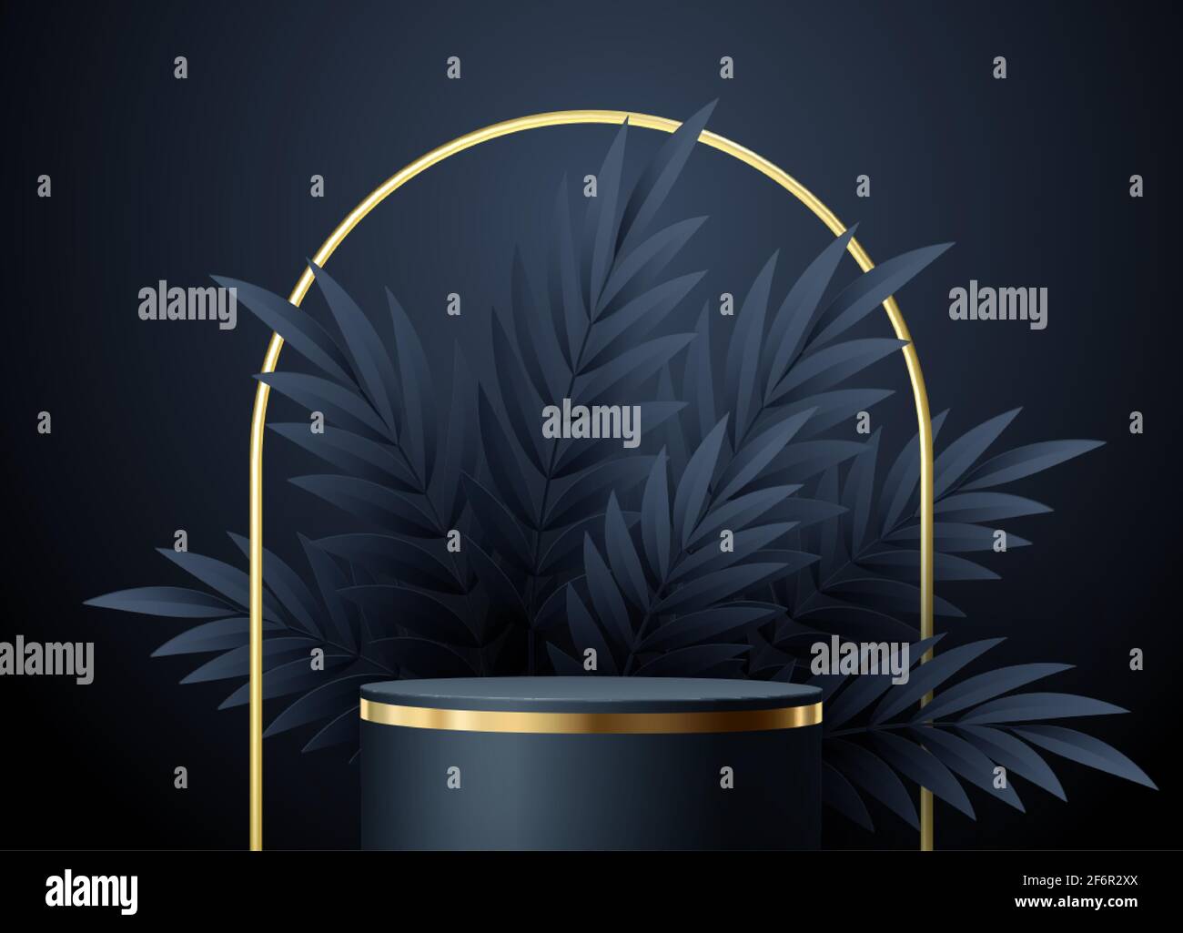 Scena nera minimale con forme geometriche e foglie di palma. Podio cilindrico in oro e nero su sfondo nero. Tavola 3D per la visualizzazione di un cosmetico Illustrazione Vettoriale