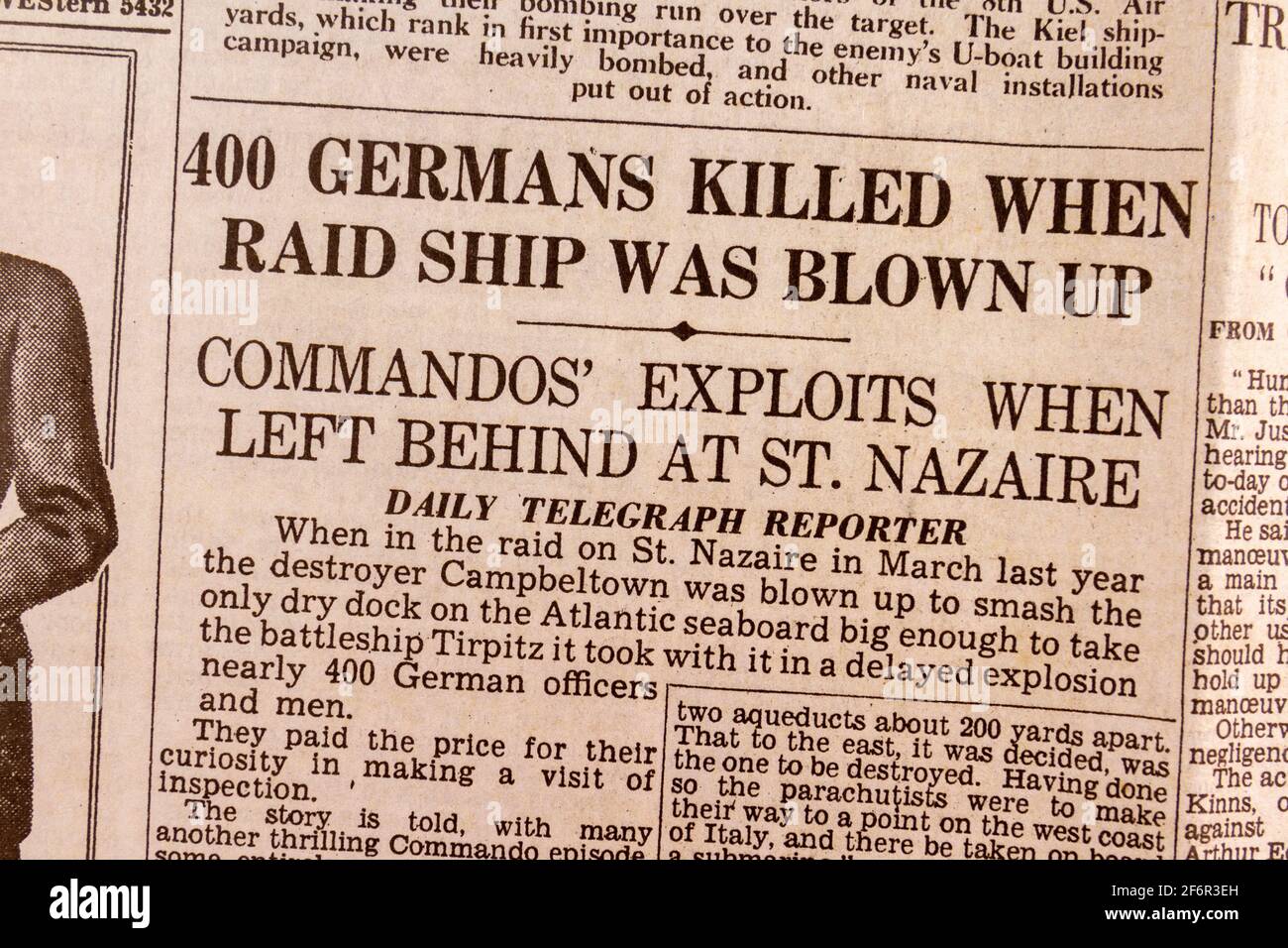 '400 tedeschi uccisi quando RAID nave è stato fatto saltare in aria' storia nel Daily Telegraph (replica), 18 maggio 1943, il giorno dopo il RAID Dam Busters. Foto Stock