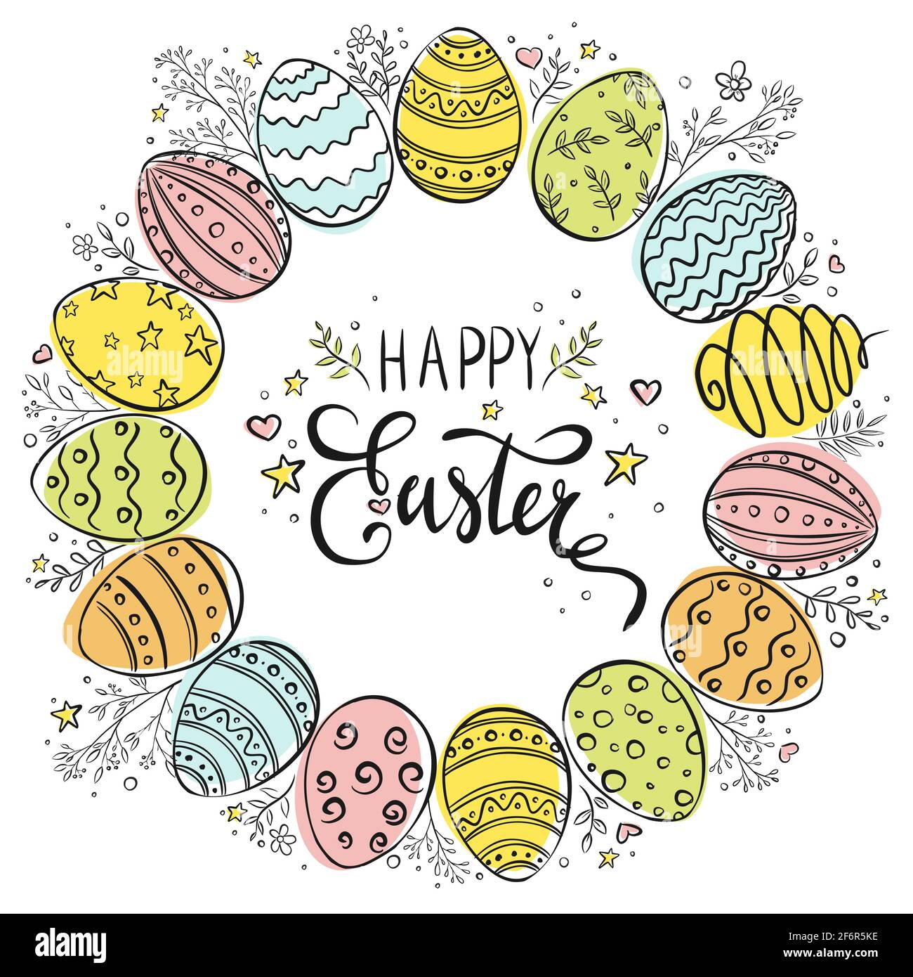 Buona Pasqua mano disegnata corona su sfondo bianco. Cornice decorativa con  doodle fatta di uova di Pasqua ed elementi floreali. Linea colorata  ornamentale disegnando felici uova di Pasqua in una forma circolare,