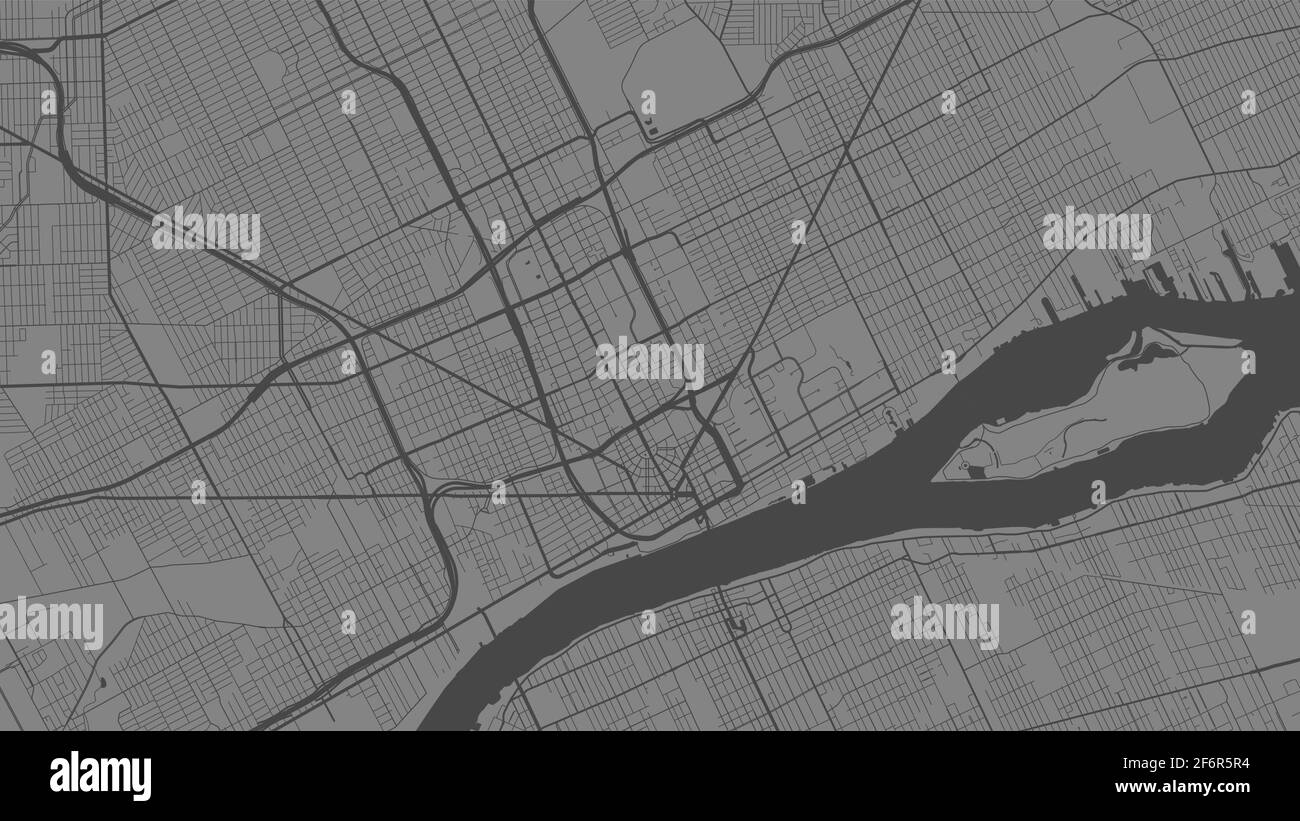 Mappa di sfondo vettoriale grigia, strade della città di Detroit e illustrazione cartografica dell'acqua. Formato widescreen, formato digitale piatto. Illustrazione Vettoriale