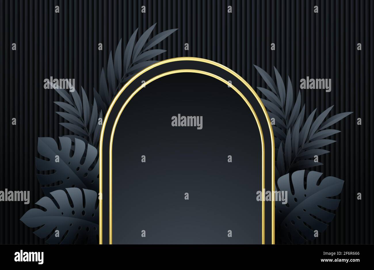 Scena nera minimal con forme geometriche e foglie di palma. Cornice in oro e nero su sfondo nero. Tavola 3D per la visualizzazione di un prodotto cosmetico Illustrazione Vettoriale