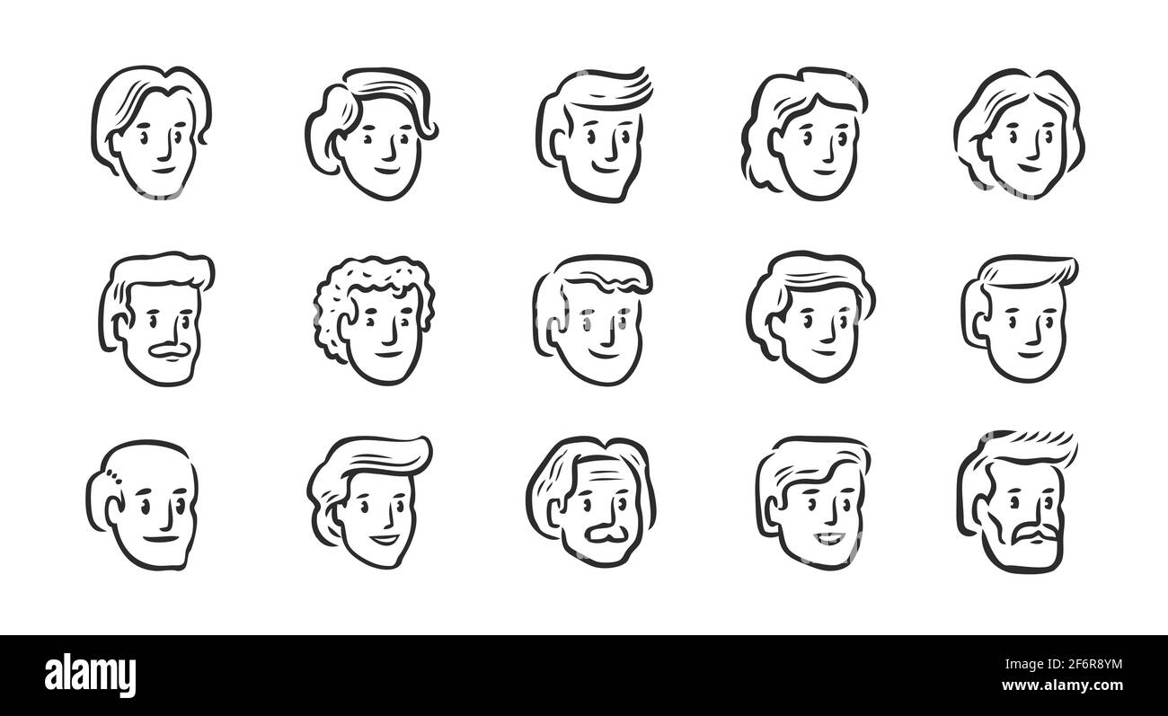 Set di icone avatar. Ritratti disegnati a mano di persone diverse. Simboli illustrazione vettoriale Illustrazione Vettoriale