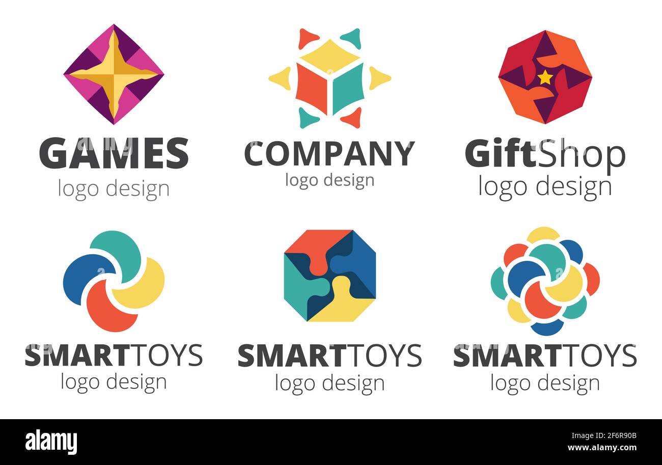 Logo del set vettoriale, negozio di articoli da regalo, scatola di puzzle, gioco da tavolo. Illustrazione Stampa Illustrazione Vettoriale