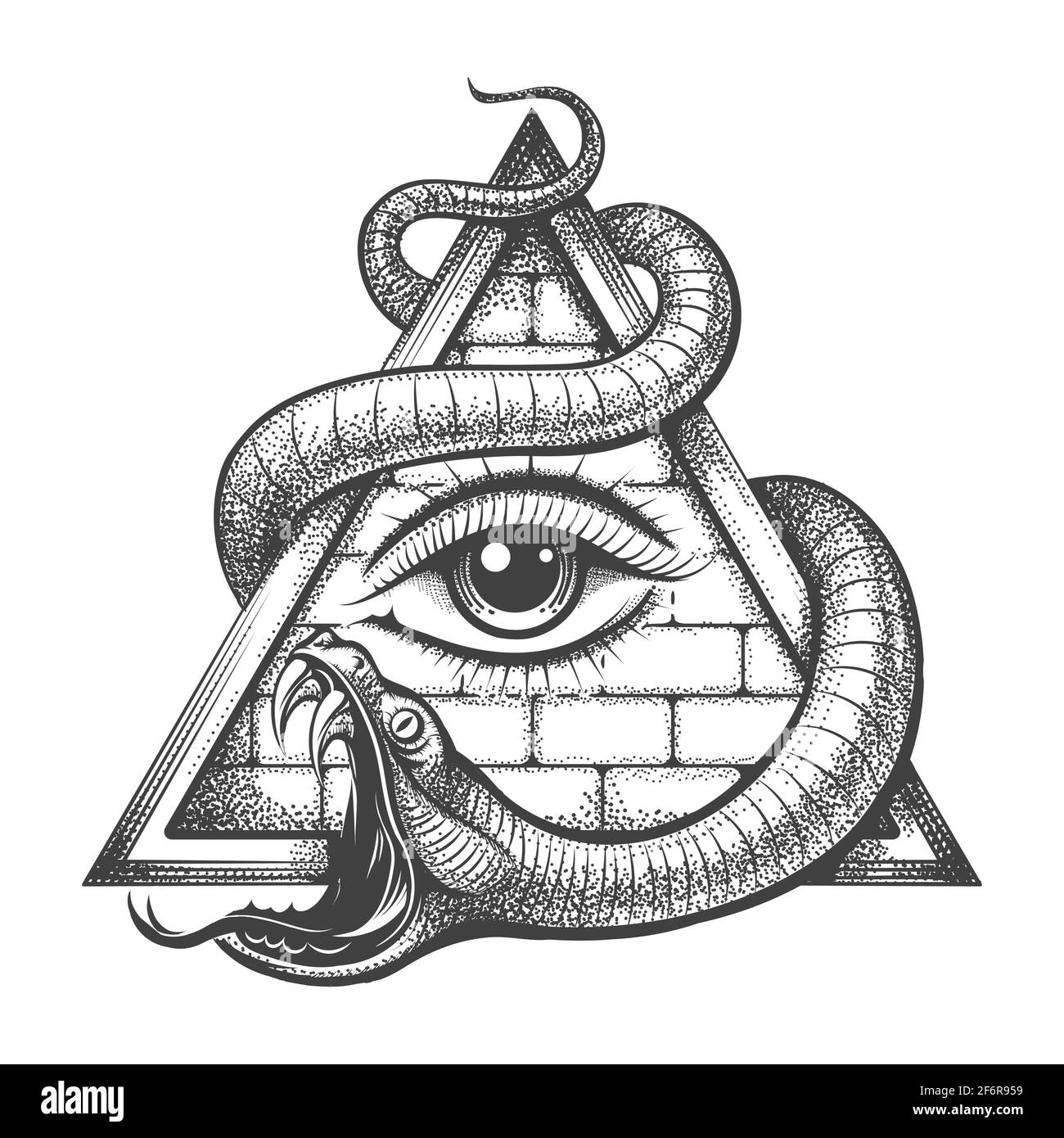 Tatuaggio di tutti gli occhi vedenti nel triangolo magico del Delta intrecciato da serpente della saggezza. Illustrazione vettoriale Illustrazione Vettoriale