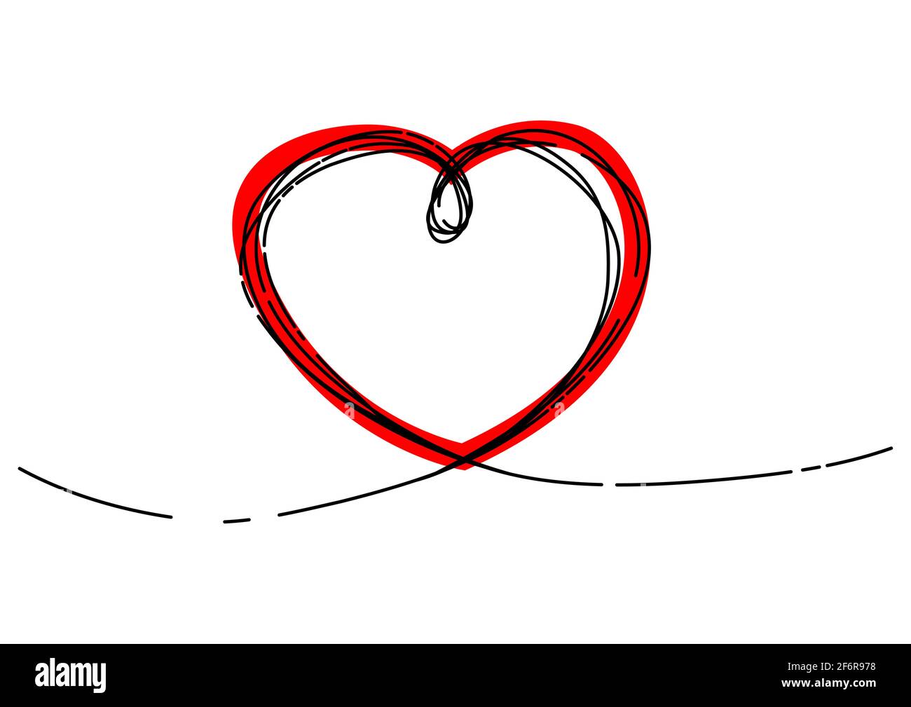 Intricato sfondo a forma di cuore, disegno di giorno valentino, disegno di linea isolato su sfondo bianco. Profilo divisore di linea sottile disegnato a mano, vettore i Illustrazione Vettoriale