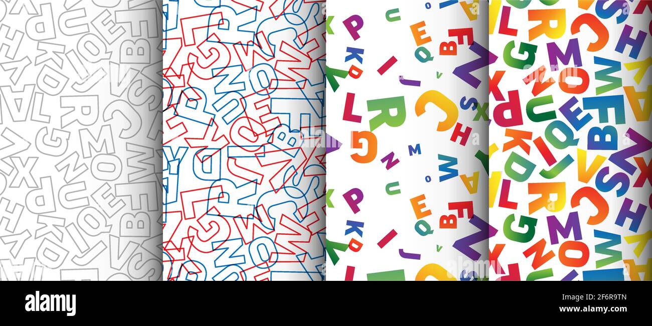 Quattro lettere alfabetiche sfondo astratto minimalistico piastrelle senza giunture fatte da lettere arcobaleno di alfabeto. Lettera con caratteri alfabetici riempiti e con bordi Illustrazione Vettoriale