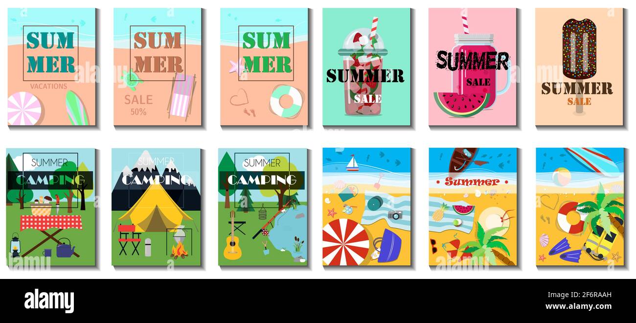 Grande set estivo. Immagine vettoriale piatta di una vendita estiva di beni. Pubblicità su un banner, un sito Web o un volantino circa il 50% di sconto sui prodotti Illustrazione Vettoriale