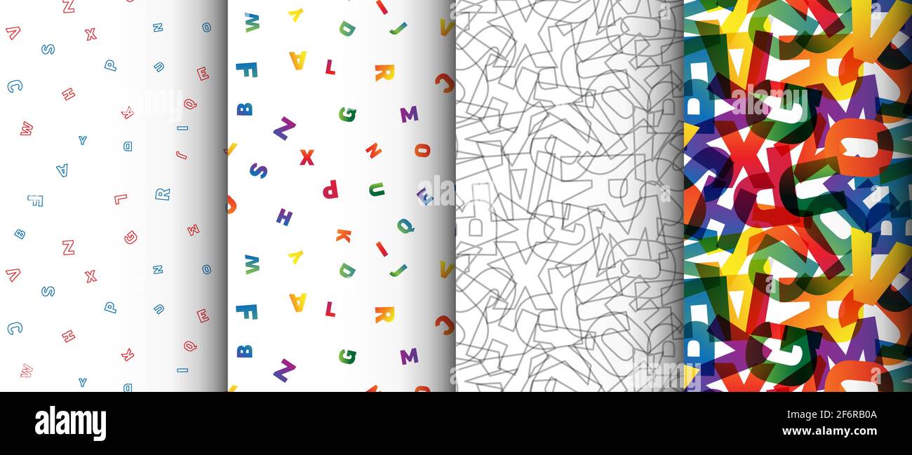 Quattro lettere alfabetiche sfondo astratto minimalistico piastrelle senza giunture fatte da lettere arcobaleno di alfabeto. Lettera con caratteri alfabetici riempiti e con bordi Illustrazione Vettoriale