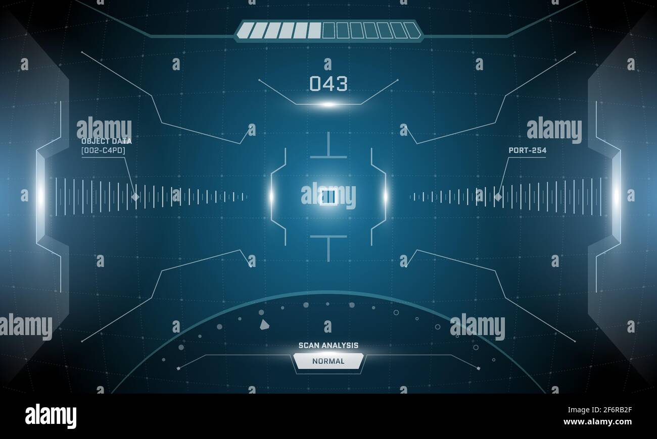 VR HUD interfaccia futuristica digitale design dello schermo cyberpunk. Display con testa in alto per la tecnologia di realtà virtuale fantascientica. Pannello dashboard della tecnologia GUI UI. Immagine vettoriale del mirino binoculare Illustrazione Vettoriale