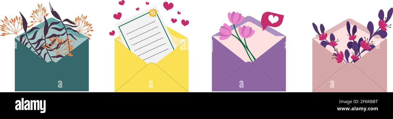 Un set di buste postali multicolore e bouquet di fiori. Illustrazione Vettoriale