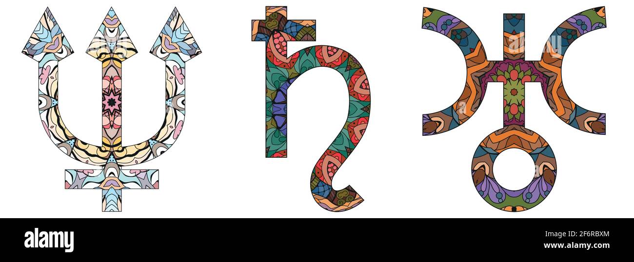 Segni astronomici, astrologia concetto art. Tattoo design. NETTUNO, SATURNO E URANO. Illustrazione Vettoriale