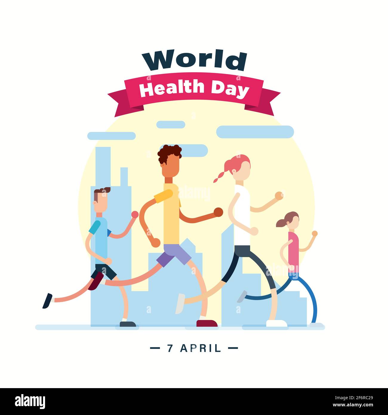 Poster della Giornata Mondiale della Salute 7 aprile, persone che corrono e jogging, banner vettoriale di illustrazione della mattina a piedi Illustrazione Vettoriale